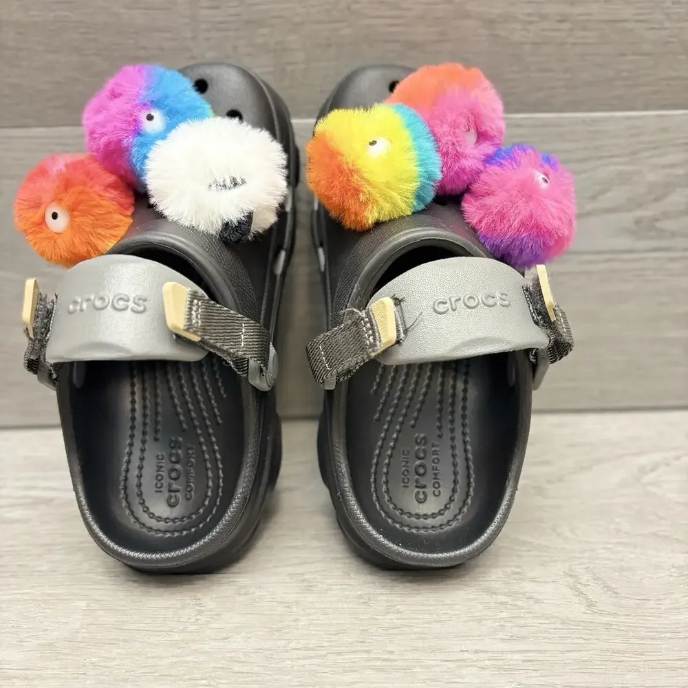 CROCS Charms Clog Sandal Fuzzy Puff Character Jibbitz Black Crocs Youth Size 13C